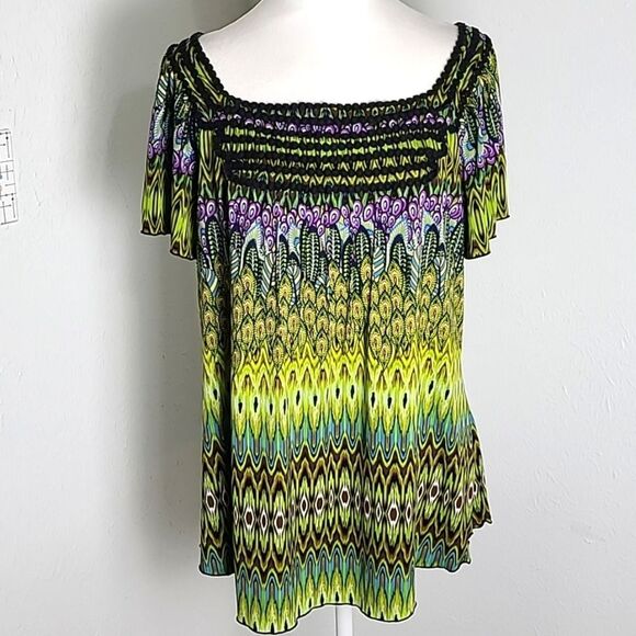 Cato Colorful Top with Embroidered Neckline, Purple, Green & Black, Size XL - Picture 1 of 8